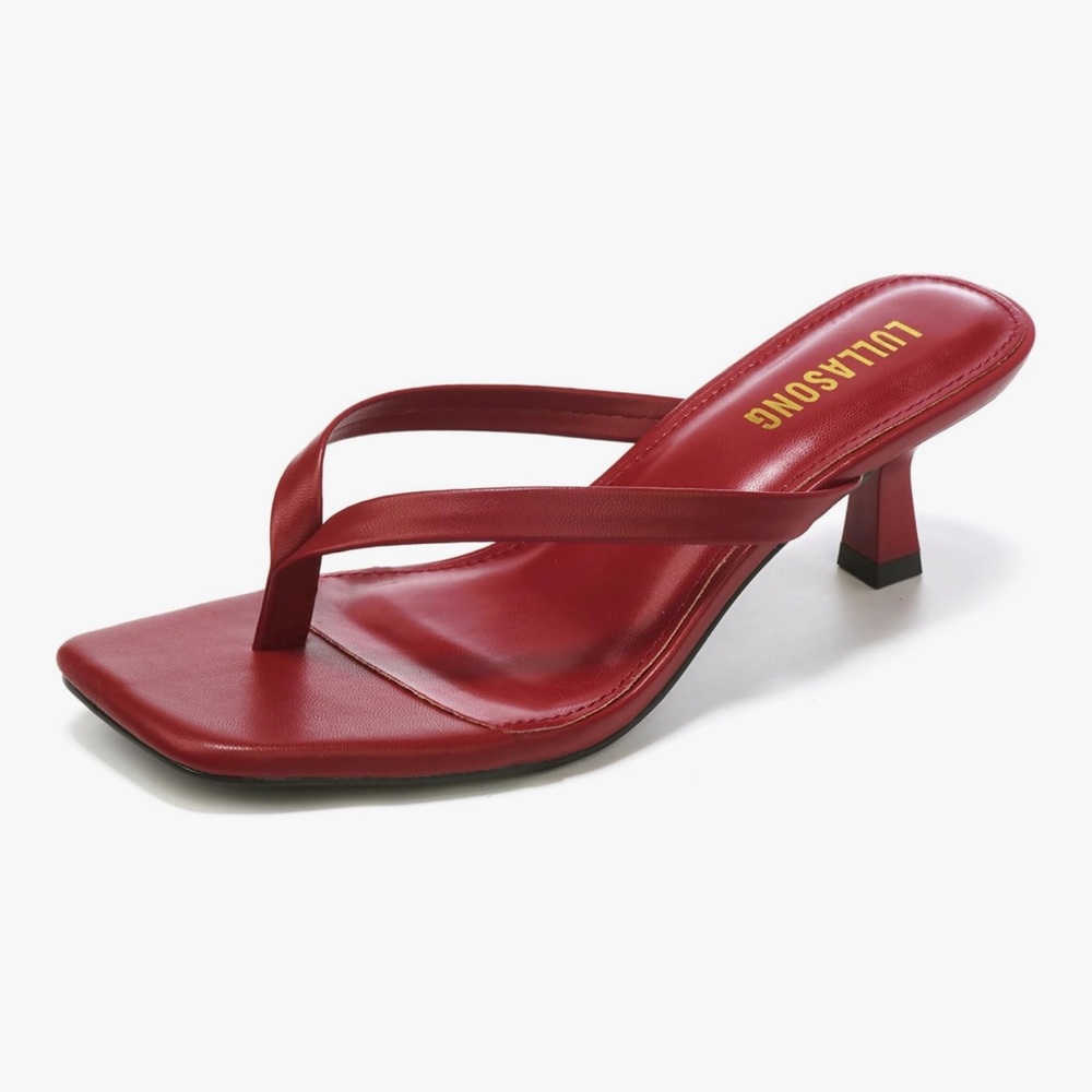 Lulu's Red Square-Toe Thong Heel Mule